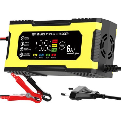 Cargador inteligente de 12 V y 6 A con pantalla LED y función de pulsos, carga inteligente de plomo-ácido para coche y motocicleta, enchufe europeo.