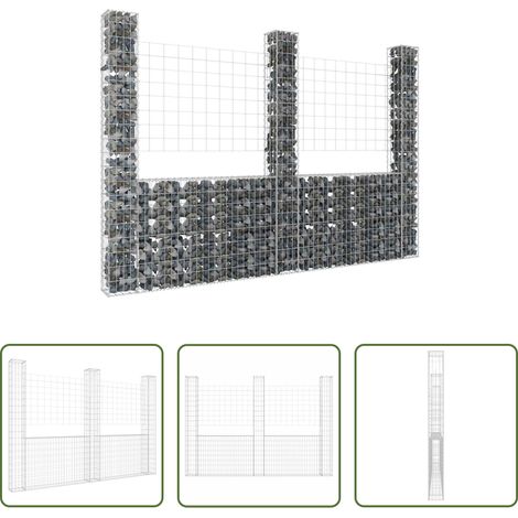 Steinkorb - Gabionenkorb U-Form mit 3 Säulen Eisen 260x20x200 cm (1/5)