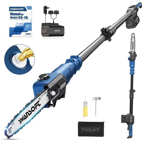 SWANSOFT Tronçonneuse télescopique à batterie 8'' (20 cm), 600 W/2 x 21 V 4000 mAh, professionnelle, lubrification automatique, 10 m/s (CS-10) (1/5)
