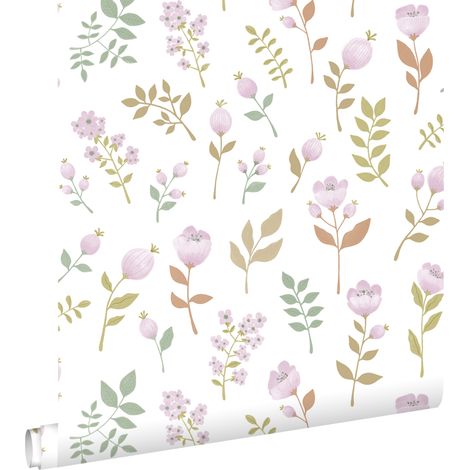 papier peint fleurs lilas violet et vert grisé  - ESTAhome (1/5)