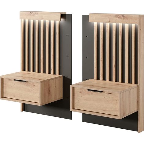 Set 2 Comodini Moderni Con Cassetto Comodino Camera Da Letto Design Con Pannello Decorativo A Lamelle Salvaspazio In Laminato Resistente Florina 50 x 39.6 x 104 Cm  Rovere E Antracite (1/5)