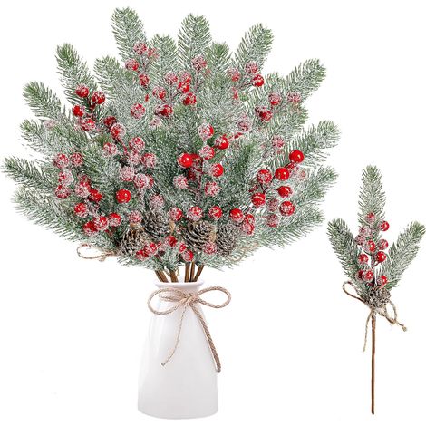 Conjunto de 6 ramas de pino artificiales escarchadas, decoradas con bayas rojas y piñas, ideales para adornos de árbol de Navidad, coronas, arreglos florales y fiestas. (1/5)