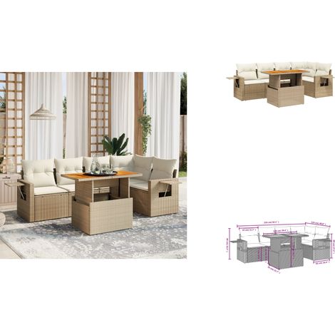 6-tlg. Garten-Sofagarnitur mit Kissen Beige Poly Rattan - Gartenmöbel Set - PE-Rattan Möbel - Outdoor Lounge - Sofasatz - Gartenlounge (1/3)
