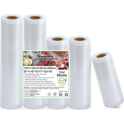 Rouleau Sous Vide Alimentaire: Sac Sous Vide Alimentaire pour des Appareils de Mise Sous Vide, 5 Rouleaux 15/20/28x300cm, Sachet Sous Vide Alimentaire Gaufré sans BPA et Libre de Couper (1/5)