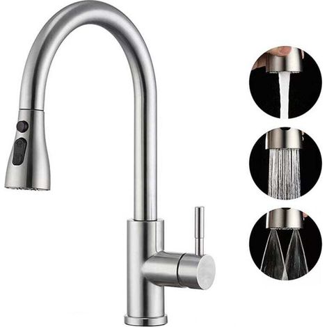 Rubinetto per lavello da cucina con doccetta estraibile, arco alto, monocomando, acciaio inox nichel spazzolato, con piastra di copertura per bar, lavanderia, camper, lavello di servizio -Crezuo