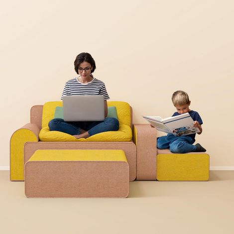 Sofà modulare senza struttura 3 posti, 285 cm, con pouf e cuscino cilindro, per genitori e bambini (1/5)