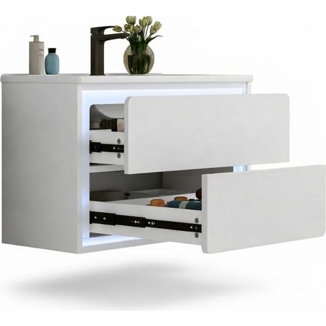 ELVMI Mueble de Baño Suspendido con 2 Cajones, Luz con Sensor Radar, Lavabo de Cerámica, Baño, MDF Blanco, 76 x 46 x 48.5 cm (1/5)