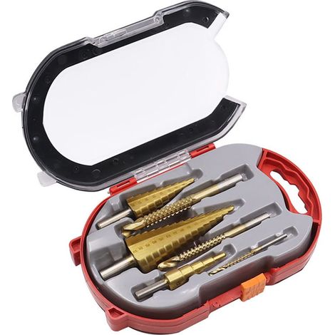 Set di 6 punte da trapano rivestite in titanio, tra cui 3 punte a gradini e 3 punte elicoidali dentate per forare metallo e legno.