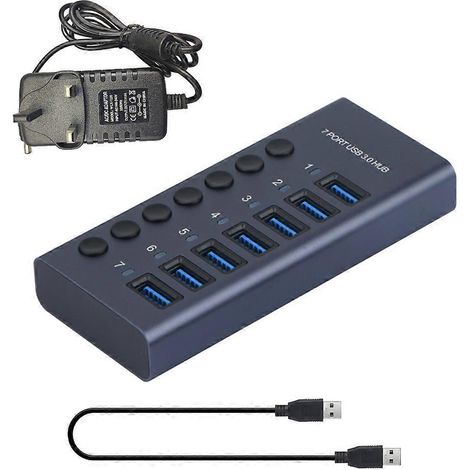 Hub USB 3.0, répartiteur USB 7 ports, expandeur USB 7 ports, adaptateur secteur 12 V, 5 Gbit/s, USB 3.0 - Royaume-Uni (1/4)