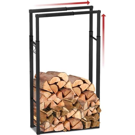 Porte Bûches Télescopique Étagère à Bois de cheminée Ajustable avec 4 Crochets Stockage à Bois de Chauffage pour Intérieur et Extérieur 100x65x25cm Noir (1/2)