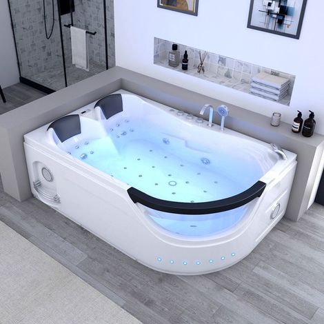 Distribain – Baignoire balnéo asymétrique 2 places 180 x 121 x 65 cm – 36 jets hydromassage – Acrylique renforcé – Avec chromothérapie et radio FM