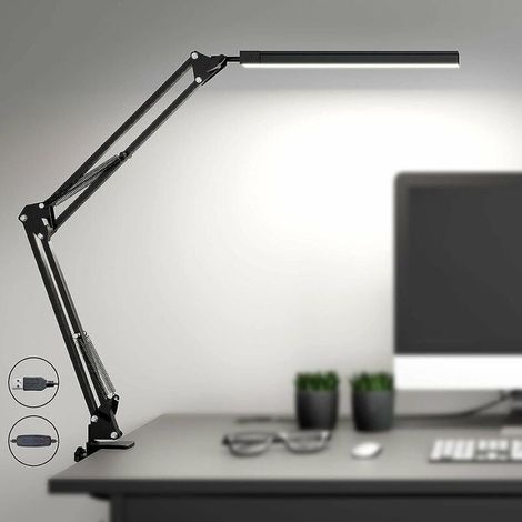 LED Desk Lamp with Clamp, Dimmable Eye Reading Lamp, 3 Color Mode Swing Arm Lamp, USB Clamp Table Lamp, Daylight Lamp for Office