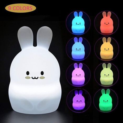 Lampe de chevet enfants veilleuse bébé silicone lapin 9 couleurs lampe de chevet chambre d'enfants télécommande rechargeable LED veilleuse enfants (1/5)