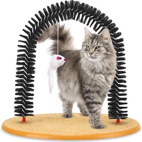 Arco para gatos - Arco de masaje y aseo para gatos - 36 × 34 cm - Arco para eliminar el pelo de gato - Poste rascador con juguete de ratón y hierba gatera