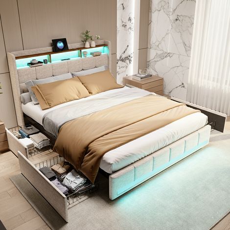 Lit adulte 180x200 avec 4 tiroirs, lit double capitonné avec rangement , sommier à lattes, lit king size, tête de lit avec étagères et LED et ports USB/C, tissu lin - Beige
