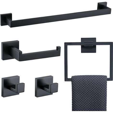 Ensemble d'accessoires de salle de bain 5 pièces en acier inoxydable noir mat et or brossé , porte-serviettes et 2 crochets pour serviettes , fixation murale en acier inoxydable (noir) (1/4)
