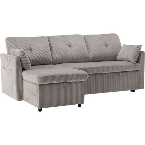 Canapé-lit d’angle modulable réversible avec rangement, assise coulissante et méridienne interchangeable en tissu côtelé gris clair pour salon moderne – CHICFURN (1/5)