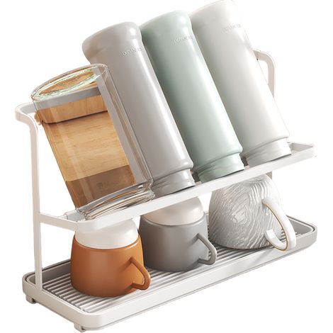 (1 pièce) Support à tasses en métal, support à plateau d'égouttage à double couche, support de rangement pour tasses de thé, café et eau (1/5)