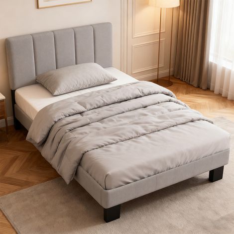 Lit 90x200 cm - hauteur 26.5 cm - sommier à Lattes et tête de lit capitonnée -Hauteur de la tête de lit réglable- compatible matelas 90x200 cm - gris (1/5)