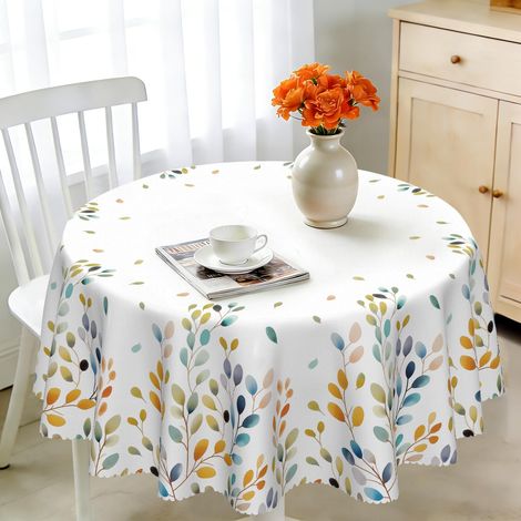 Nappe ronde 150 cm, lavable, motif floral eucalyptus, en polyester, résistante aux intempéries, imperméable, pour cuisine, table de jardin, table à manger, fête (1/5)