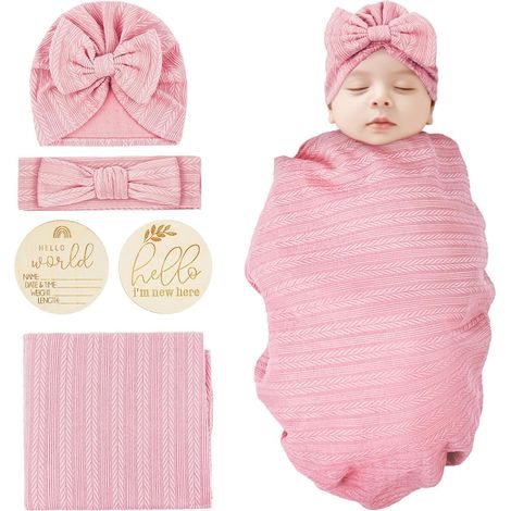 Emmaillotage Bebe, Couverture Emmaillotage Bebe, Sac de Couchage pour Nouveau-Né de 0 à 3 Mois, avec Chapeau et Bandeau Nœud, pour Couche Plaid Gigoteuse Couverture Serviette (1/5)