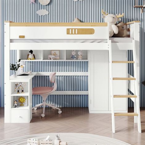 Lit superposé enfant 90×200 cm en pin blanc/naturel avec barrière, armoire, table et échelle (1/5)