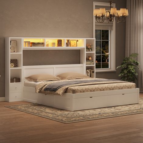 Chambre adulte : optimisez votre espace avec ce lit 140x200 cm, 7 tiroirs, tête de lit bibliothèque et LED intégrée, blanc (1/5)