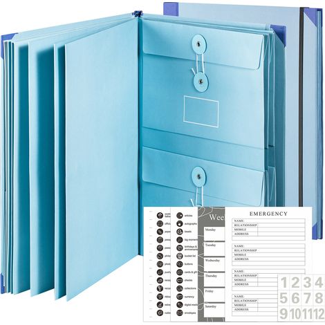 Organizador de documentos de 12 bolsillos con etiquetas autoadhesivas antipérdida, ideal para facturas, cheques, certificados de nacimiento, color azul. (1/5)