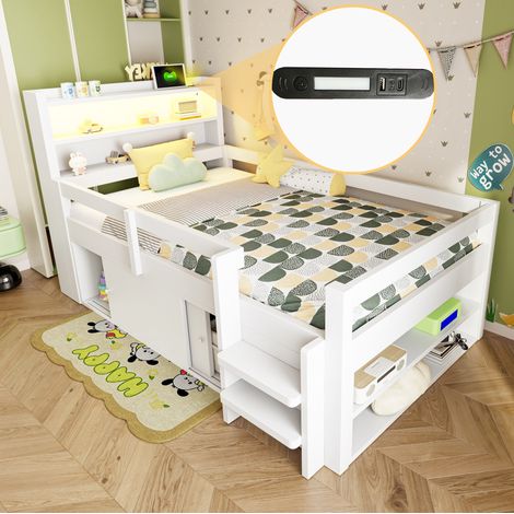 Letto a soppalco 90x200 cm bianco in legno con ripiani e LED (1/5)