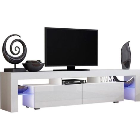 Dusine – Meuble TV moderne 200 cm – Blanc mat avec portes laquées – Éclairé par LED – Mélamine 18 mm – Système push pour accès facile (1/3)