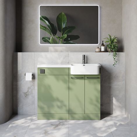 Napoli 250 Olive Green 1000mm 2 Door Vanity Unit Toilet Suite with Right Hand Round Rico Semi Recessed Basin - 1000mm - Gunmetal Grey 160mm HandleWithout Kingston Toilet Pan