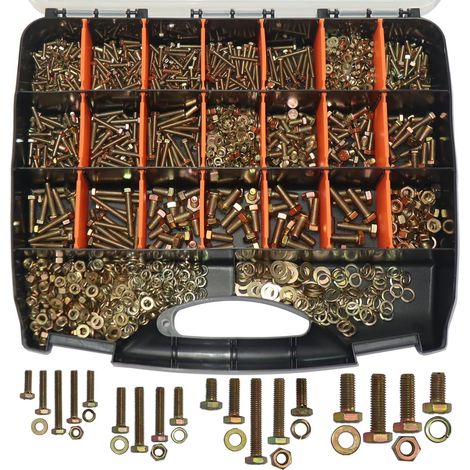 Coffret de visserie 1008 pièces - Assortiment de boulons hexagonaux, vis, écrous, rondelles plates et rondelles élastiques - Acier carbone avec zinguage coloré, filetage total (1/2)
