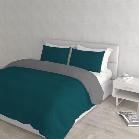 Italian Bed Linen Parure Copri Piumino Natural Color, Verde Petrolio/Fumo, Matrimoniale (1/5)
