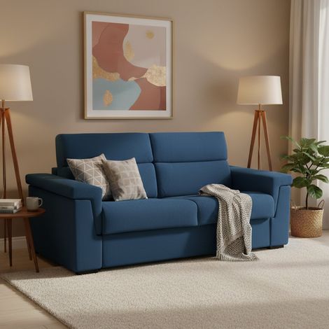 Sofá Cama 3 Plazas Benedetto, Desenfundable, con Almacenamiento, Made in Italy, Lavable, 225x95 cm azul (1/5)
