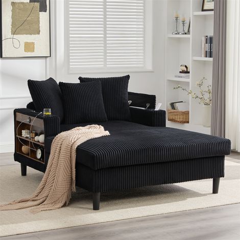 Méridienne Multifonctionnelle en Velours Côtelé - 129x170x70cm - Lounge Design avec LED, USB et Porte-Gobelets - Noir Intense (1/5)