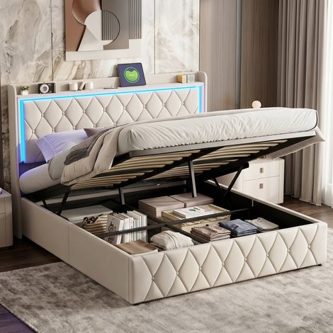 Cama canapé 140x190 cm para adulto con somier de lamas, almacenaje hidráulico y cabecero con nichos, LED, USB Type-C, terciopelo - Beige (1/5)