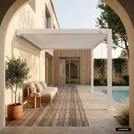 sweeek - Pergola bioclimatique aluminium blanc adossée lames orientables 4x3m Triomphe (1/5)