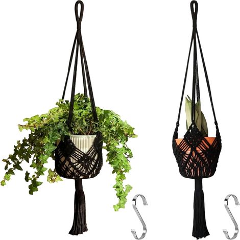 Set di 2 appendini per piante decorati, appendini in macramè per interni ed esterni, appendini in macramè per vasi fino a 20 cm di diametro, neri (1/5)