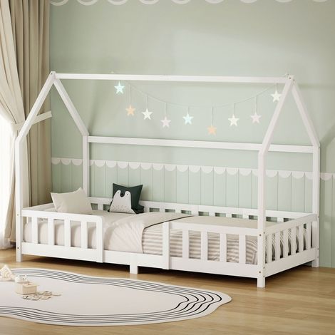 ML-Design Kinderbett Hausbett 90x200 cm mit Rausfallschutz, Dach & Lattenrost, Weiß, Bettgestell aus massivem Kiefernholz, Montessori Bodenbett, Holzbett für Mädchen & Jungen, Jugendbett, Einzelbett (1/5)