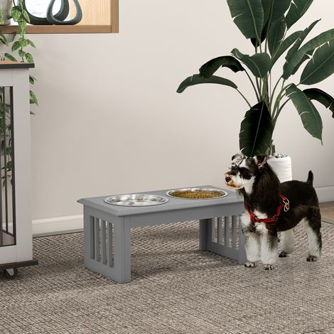 Hunde-Futterstation, 2 Edelstahlnäpfe, rutschfest, 58,4x30,5x25,4cm, Grau (1/5)