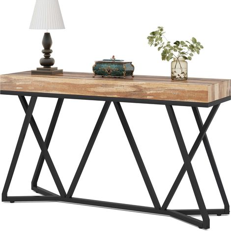 Tribesigns 140cm-Konsolentisch, Bauernhaus-Sofatisch, Eingangstisch mit einzigartigem Metallsockel, Kleiner Ausstellungstisch, Foyer-Tisch, industrieller Flurtisch für Flur, Wohnzimmer (Holzfarbe) (1/5)