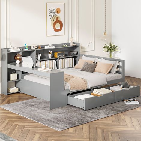 Bett aus Holz 140x200 cm grau mit Schreibtisch, Bücherregal, Ablagen, 2 Schubladen, USB-Steckdose und Lattenrost (1/5)