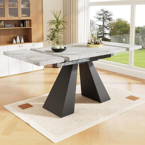 Table à Manger Extensible avec Pieds Colonne en Métal, Plateau Rectangulaire Gris, 99-159 x 74 x 77 cm – Gris (1/5)