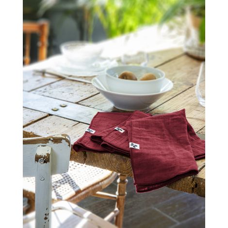 Lot de 3 serviettes de table "Gaïa" 40 x 40 cm "Gaze de Coton" - Gaïa Lie de Vin - Gaia Lie de Vin -