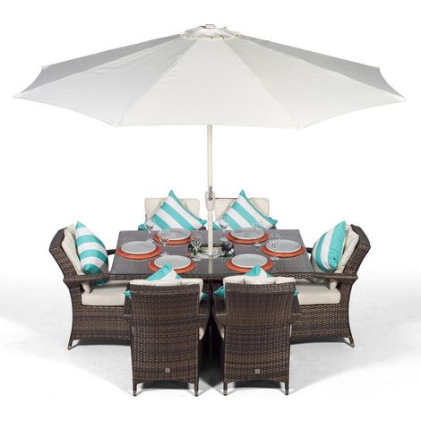 Arizona Rectangle 6 Seat Rattan Dining Set with Ice Bucket Drinks Cooler - Brown (1/5)
