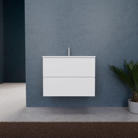 Inda - Badezimmerschrank B.80 mit mattem Waschbecken / Mattweiß 2 Schubladen - Rubin