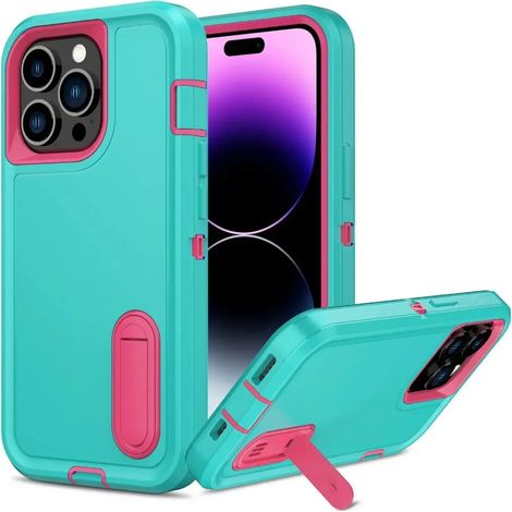 (Vert menthe, iPhone 14) Coque de protection 3 en 1 avec support intégré, coque de protection antichoc en TPU de qualité militaire (1/5)
