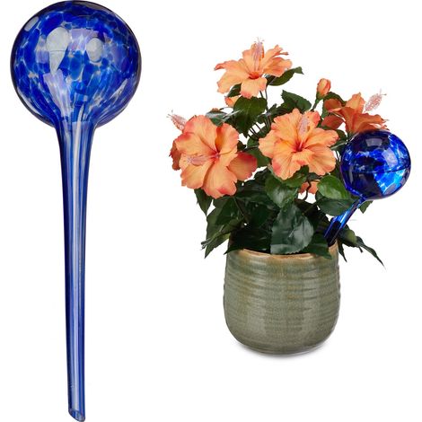 6 Globos de riego, Dispensadores de agua, Autorriego, Cristal, Ø 9 cm, para Macetas, Regadores Vidrio, Azul (1/5)