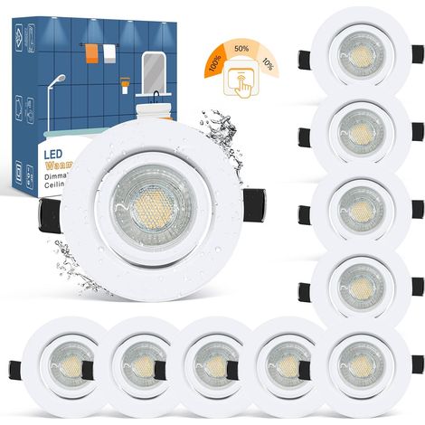 10× IP44 Spot Encastrable Blanc Salle de Bain Dimmable 7W Equi. 70W Ampoule Halogène Blanc Chaud 2800k Spot Encastré Extra Plat 28mm Plafonnier Encastrable Orientable 220V 700LM Éclairage Rond (1/5)