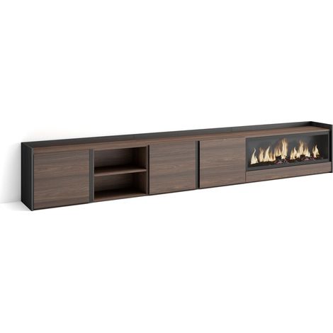 Skraut Home - Mobile TV Soggiorno, Ampio spazio a disposizione, 315x35x50cm, Per TV fino a 80", Camino elettrico XXL, Stile moderno, Rovere scuro e Nero (1/5)